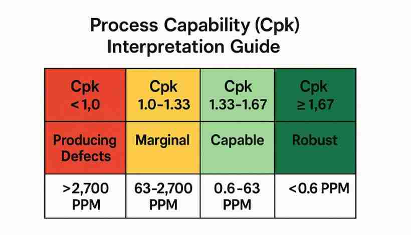 Process capability Cpk guide showing quality zones from defect-producing to robust processes