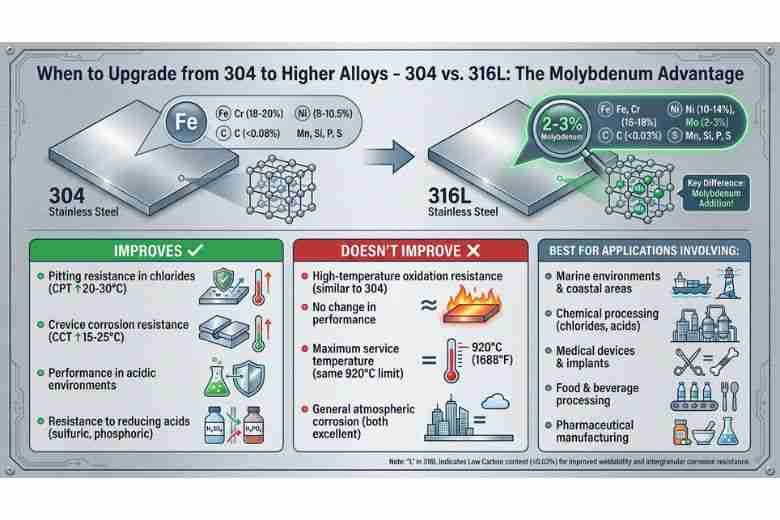 Technical infographic comparing 304 and 316L stainless steel alloys, showing molybdenum advantage…