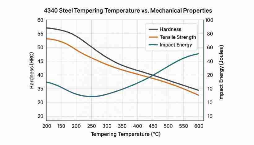 4340 steel tempering temperature curve showing hardness, tensile strength, and impact toughness r…