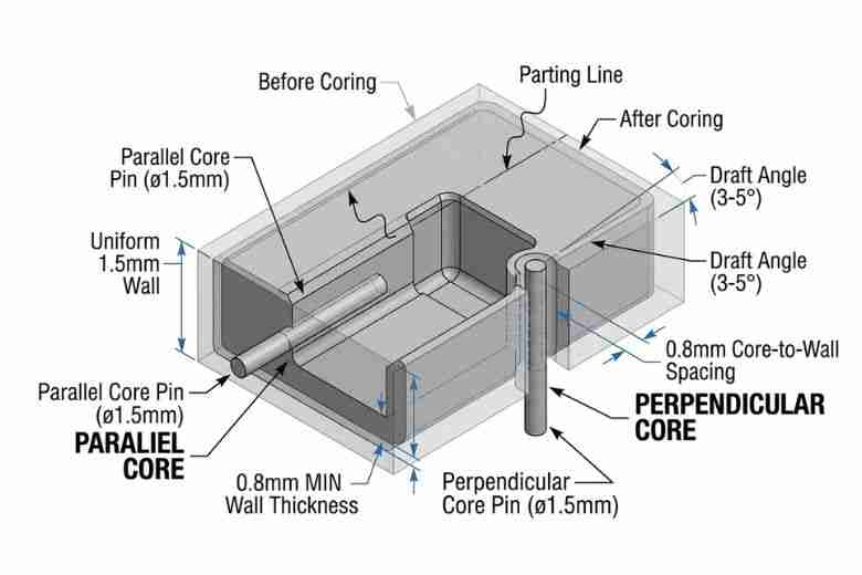 Technical cutaway illustration of MIM part showing parallel and perpendicular coring techniques w…