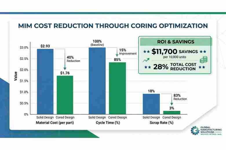 Bar chart comparing material costs, cycle times, and scrap rates between solid MIM designs versus…