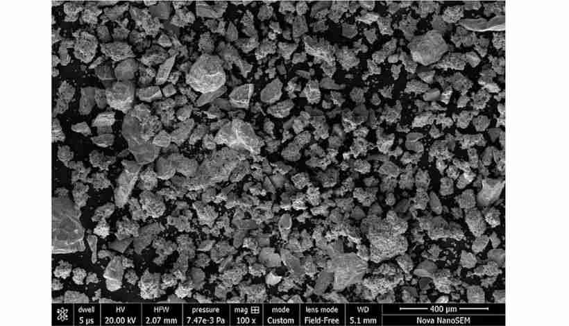 SEM image of bimodal tungsten powder distribution showing optimized particle size ratio for enhan…