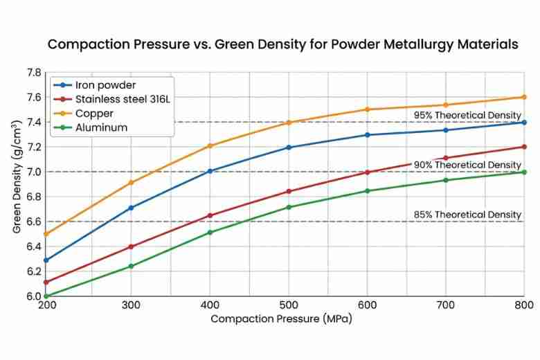 Technical graph showing relationship between compaction pressure (MPa) and green density (g/cm³)…