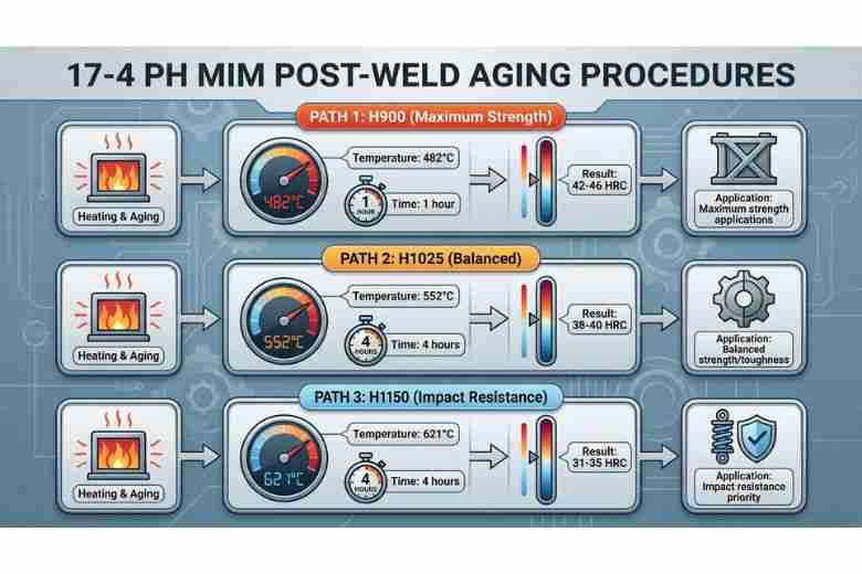 Flowchart showing three post-weld heat treatment options for 17-4 PH MIM components with temperat…