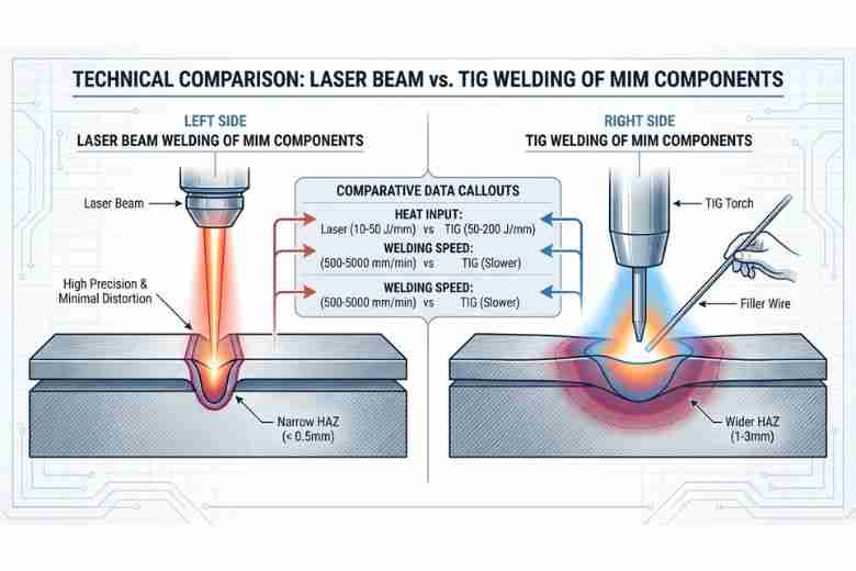 Technical diagram comparing laser beam welding and TIG welding processes for metal injection mold…