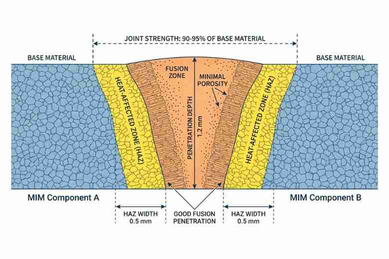 Metallographic cross-section diagram of welded MIM joint showing fusion zone, heat-affected zones…