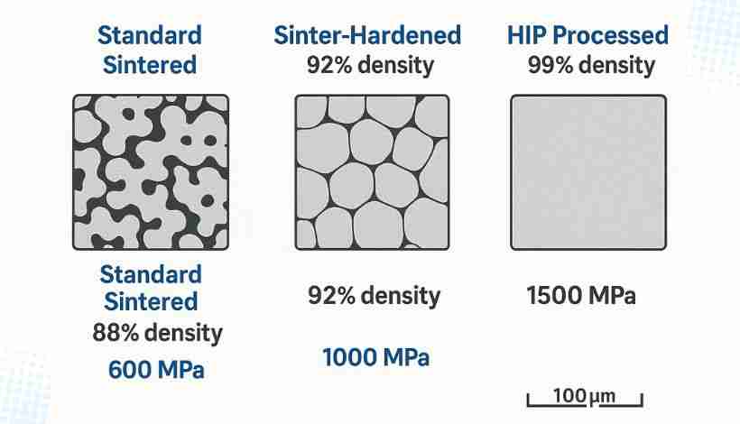 Technical comparison of sintered metal density levels showing 88% standard sintered (600 MPa), 92…