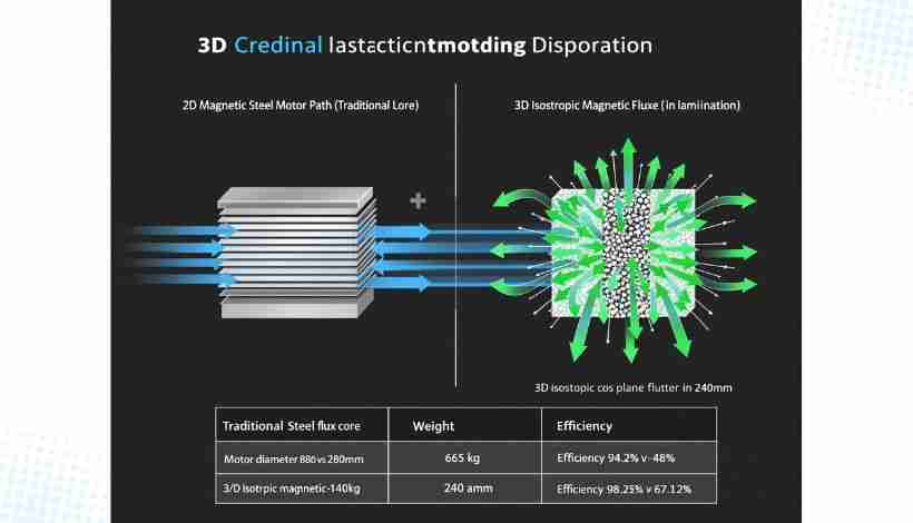 Technical comparison infographic showing 2D magnetic flux limitations in laminated steel versus 3…