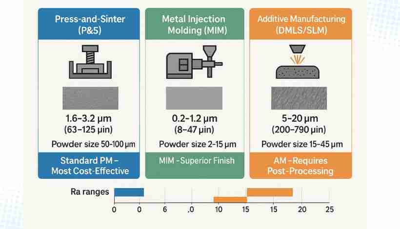 Infographic comparing surface finish capabilities of three PM processes with Ra ranges, powder si…