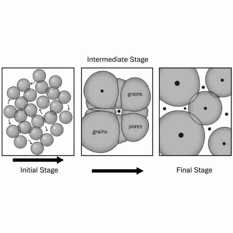 Technical diagram illustrating three stages of powder sintering process showing particle neck for…