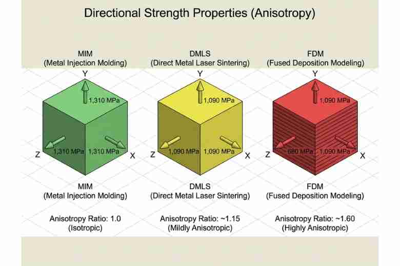 3D diagram showing MIM with equal strength in all directions versus DMLS and FDM with reduced Z-d…