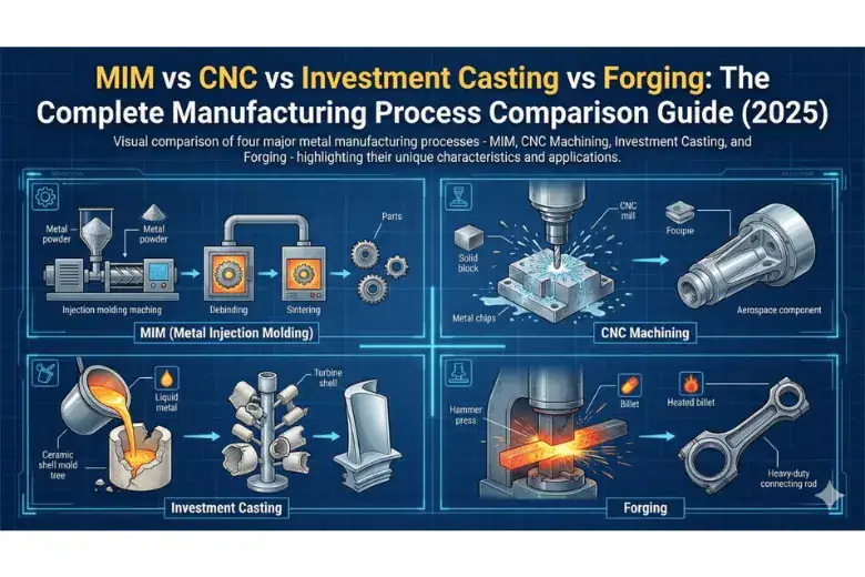 Cost comparison chart showing MIM parts pricing vs CNC machining and investment casting at differ…
