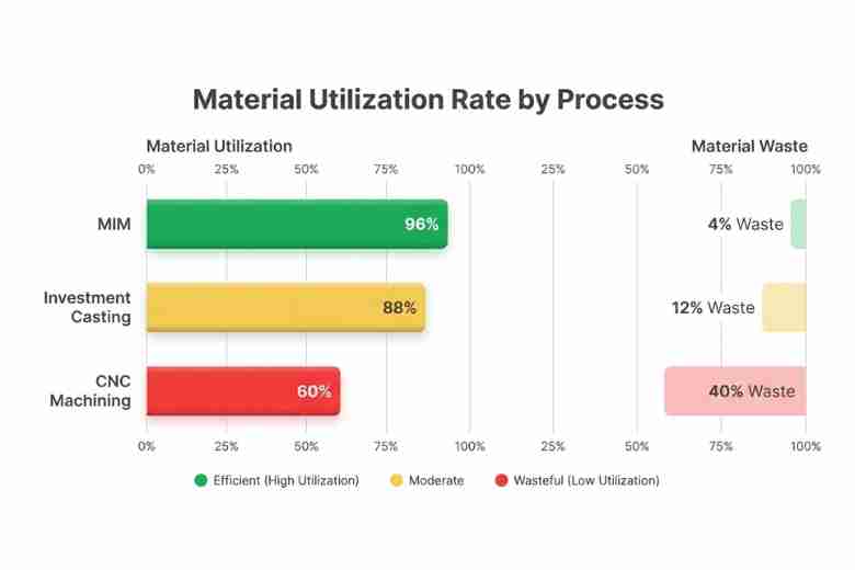 Bar chart showing MIM 96% material utilization vs casting 88% vs CNC machining 60%