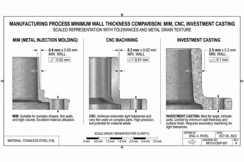 Cross-sectional diagram comparing minimum wall thickness capabilities - MIM 0.4mm, CNC 0.3mm, cas…